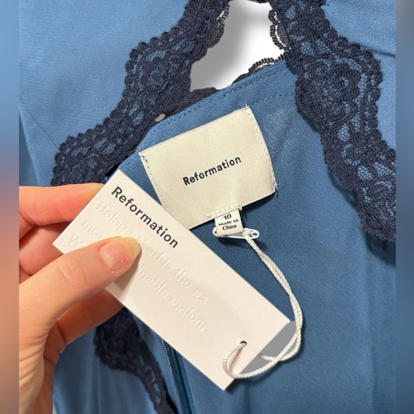 NWT Reformation Analissa Blue Chemise Black Lace Slip Midi Dress Size 10 - Picture 7 of 11